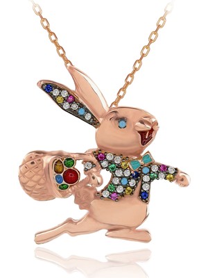 Renkli Taşlı Papyonlu Koşan Tavşan Gümüş Kolye