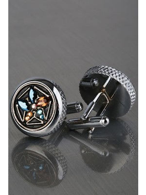 Kravatkolik Gümüş Renk Mavi - Turuncu Taşlı Kol Düğmesi KD1224