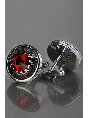Kravatkolik Gümüş Renk Kırmızı Taşlı Kol Düğmesi KD1203
