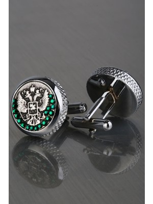 Kravatkolik Gümüş Renk Yeşil Taşlı Kol Düğmesi KD1226