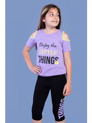 Toontoy Kız Çocuk Kolları Şerit Detaylı Baskılı Taytlı Takım