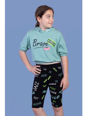 Toontoy Kız Çocuk Kapüşonlu Baskılı Biker Taytlı Takım