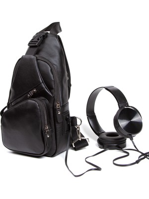 Torz Yıkama Deri Göğüs Çantası Kulaklık ve Şarj Çıkışlı Tek Kol Çarpraz Mini Sırt Çanta Bodybag
