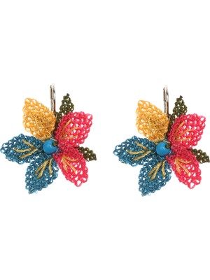 Soma Kadın Atölyesi Mini Çiçek Küpe Elişi Iğne Oyası 2 cm Mavi Kırmızı