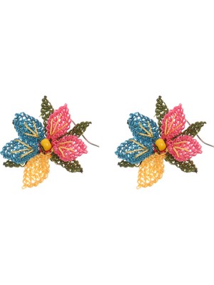 Soma Kadın Atölyesi Mini Çiçek Küpe Elişi Iğne Oyası 2 cm Mavi Pembe