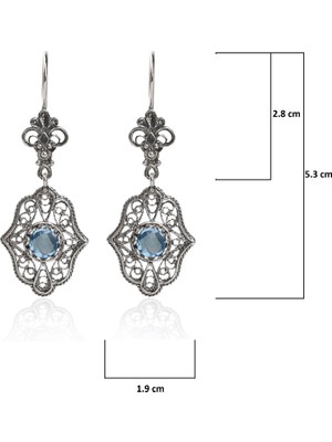 Filigran Silver 925 Ayar Gümüş Otantik El Işi Telkari Doğal Sky Blue Topaz Taşlı Kadın Sarkaç Küpe