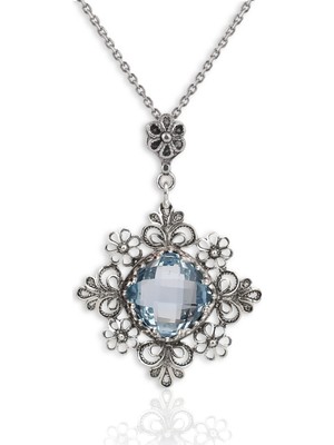 Filigran Silver 925 Ayar Gümüş Otantik El Işçiliği Telkari Doğal Sky Blue Topaz Taşlı Kadın Kolye