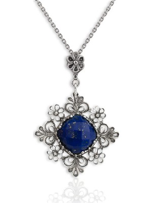 Filigran Silver 925 Ayar Gümüş Otantik El Işçiliği Telkari Doğal Lapis Lazuli Taşlı Kadın Kolye