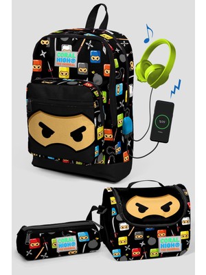 Coral High Kids Siyah Ninja Desenli Dört Bölmeli USB Şarjlı Kulaklık Çıkışlı 3'lü Çanta Seti 23285