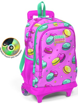 Coral High Kids Açık Pembe Makaron Desenli Işıklı Tekerlekli Iki Bölmeli Çekçekli Sırt Çantası 23357