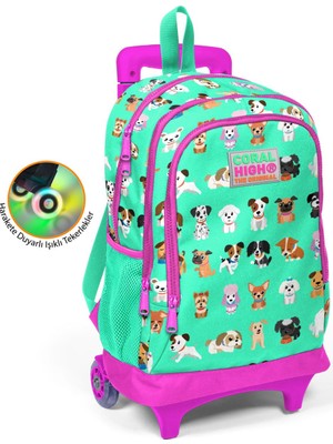 Coral High Kids Su Yeşili Köpek Desenli Işıklı Tekerlekli Iki Bölmeli Çekçekli Sırt Çantası 23362