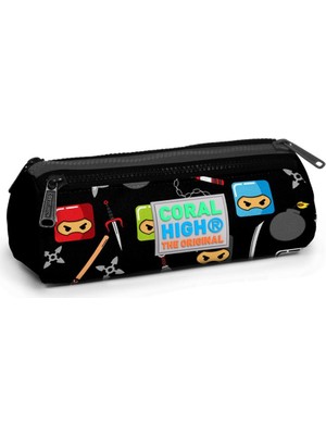 Coral High Siyah Ninja Desenli Üç Bölmeli Kalem Çantası Polyester Malzemeden Üretilmiştir