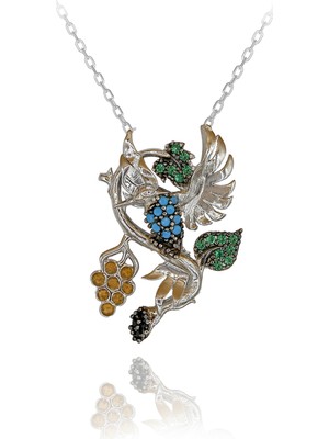 Üzüm Dalına Konmuş Arı Kuşu Gümüş Kolye