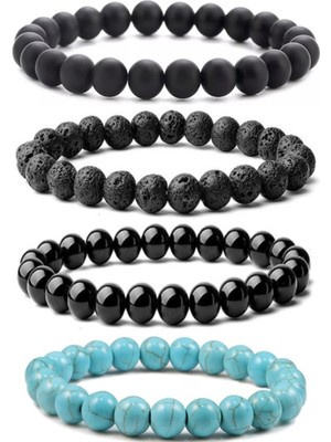 Kusakli 4lü Doğaltaş Bilekli Set Turkuaz-Lav-Parlak/mat Oniks Doğaltaş