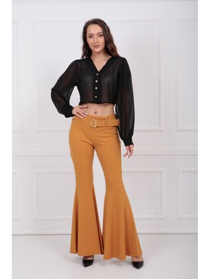 Sense Kumaş Kaplama Kemerli Diz Altı Volanlı Pike Pantolon PNT32971