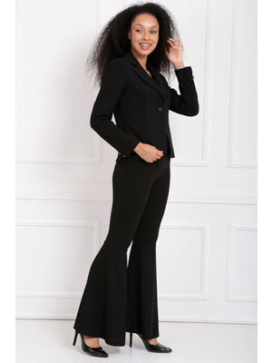 Sense Kumaş Kaplama Kemerli Diz Altı Volanlı Pike Pantolon PNT32971 Siyah