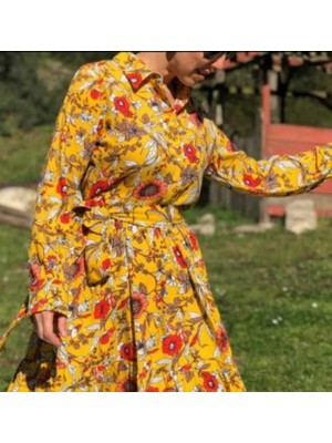 Fahrettin Moda 167 Sarı Çiçek Desenli Uzun Elbise