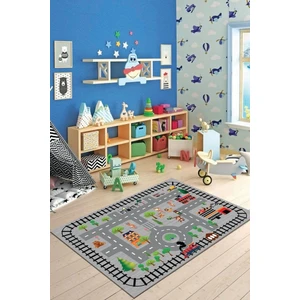 Kaymaz Taban Yıkanabilir Tren ve Araba Yolu Desenli Çocuk Halısı