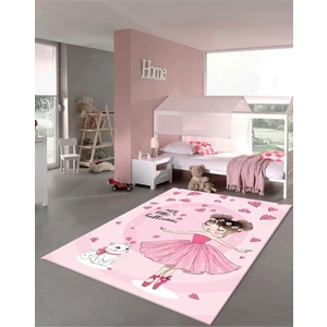 Kaymaz Taban Yıkanabilir Pembe Balerin ve Kedi Desenli Çocuk Halısı