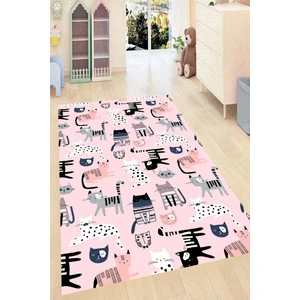 Pembe Zemin Kedi Desenli Kaymaz Taban Yıkanabilir Dijital Baskı Çocuk Halısı