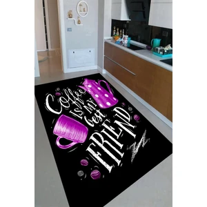 Kaymaz Taban Yıkanabilir Mor Fincan Kahve Desenli Mutfak Halısı