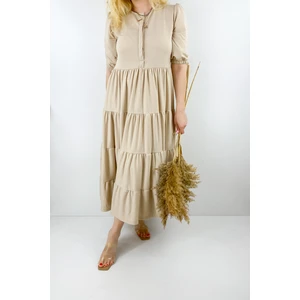 Kadın Açık Kahverengi Kat Detaylı Pamuklu Maxi Elbise