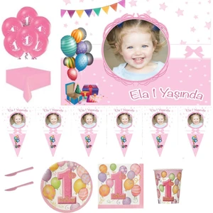 Hayaller Dükkanı Afiş Li 8 Kişilik Balonlu 1 Yaş Set 1 Yaş Doğum Günü Süsleri Kız Çocuk Pembe