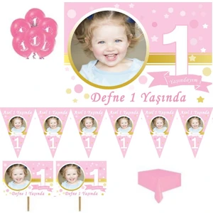 Hayaller Dükkanı 1 Yaş Doğum Günü Süsleri Afişli Kız Pırıltılı First Birhday Set