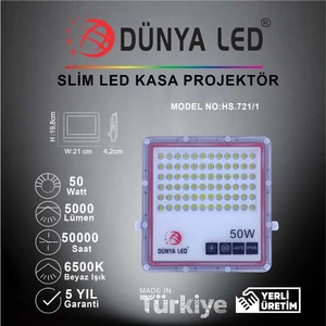 Dünya LED HS.721/1 50W Smd LED Slim Projektör 6500K Beyaz Işık