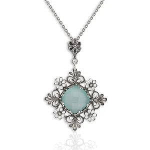 Filigran Silver 925 Ayar Gümüş Otantik El Işçiliği Telkari Doğal Aqua Kalsedon Taşlı Kadın Kolye