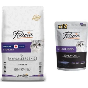 Kısırlaştırılmış Somonlu Kedi Maması 12 kg + Felicia Yaş Mama 85 gr x 12 Adet