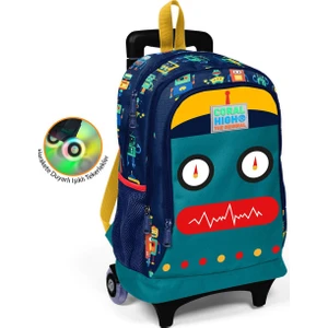 Coral High Kids Lacivert Robot Desenli Işıklı Tekerlekli Iki Bölmeli Çekçekli Sırt Çantası