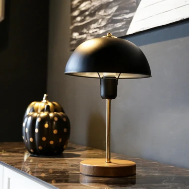 Art&Gift North Home Mantar Başlıklı Siyah Metal Abajur Salon Ofis Cafe İşletme Masa