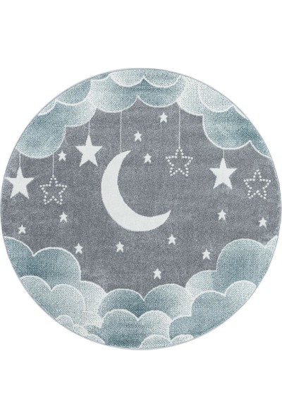 Ayyıldız Halı Yuvarlak Çocuk Bebek Odası Halısı Bulut Ay Yıldız Desenli Mavi Gri Tonlarda