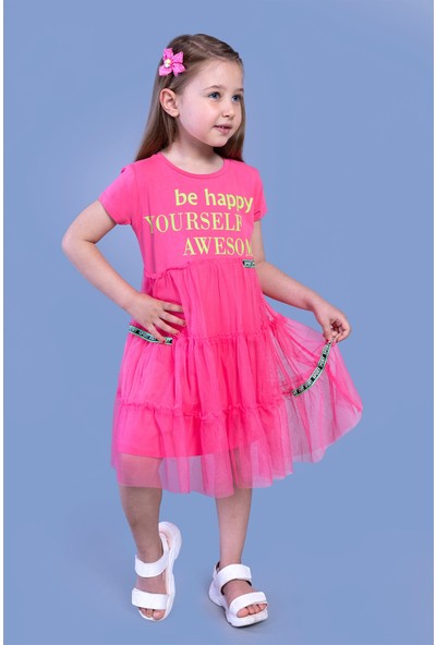 Toontoy Kız Çocuk Tül Detaylı Baskılı Elbise