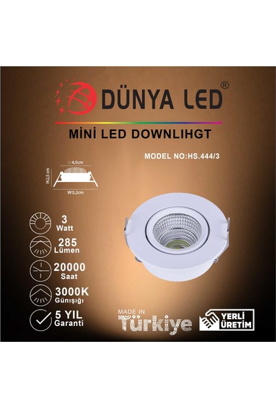 Dünya LED HS.444/3 3W Mini LED Downlıght Beyaz Kasa 3000K Günışığı
