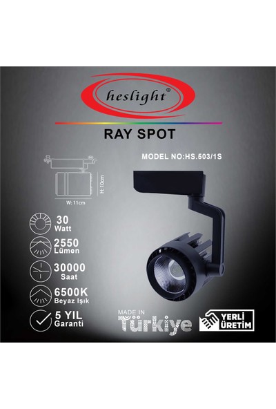 Heslıght HS.503/1S 30W Cob LED Ray Spot Siyah Kasa 6500K Beyaz Işık