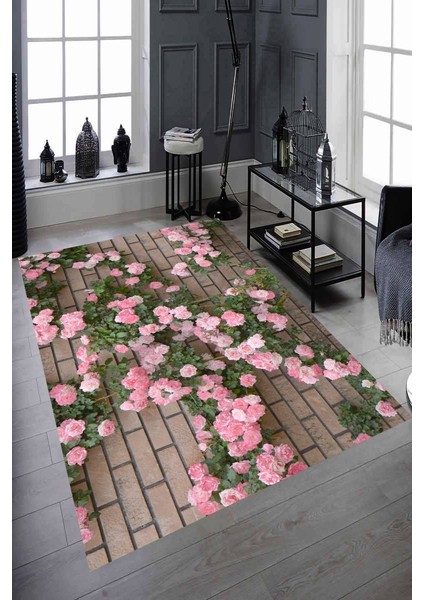 Kaymaz Taban Yıkanabilir Duvar ve Pembe Çiçekler Halı