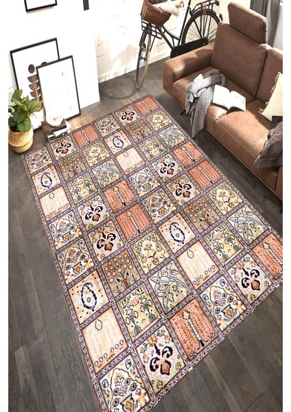 Kaymaz Taban Yıkanabilir Motif Detaylı Kareler Çizimli Halı