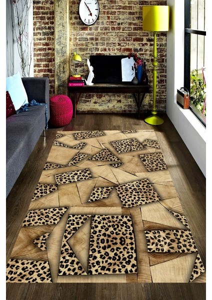 Kaymaz Taban Yıkanabilir Geometrik Leopar Tahta Desenli Halı