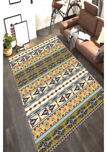 Kaymaz Taban Yıkanabilir Etnik Çizgi Detaylı Kilim Desenli Halı