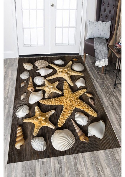Kaymaz Taban Yıkanabilir Tahta Zemin Deniz Kabukları Desenli Halı