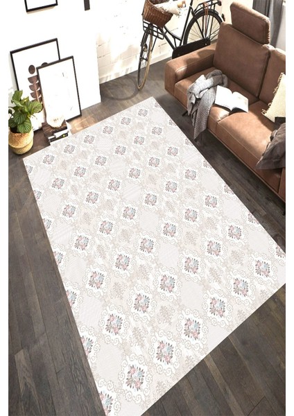 Kaymaz Taban Yıkanabilir Motif Çerçeve Modern Çiçek Desenli Halı