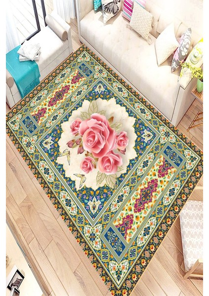 Kaymaz Taban Yıkanabilir Etnik Desen Çiçek Detaylı Halı