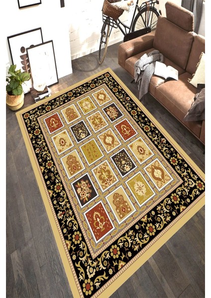 Kaymaz Taban Yıkanabilir Çiçek Çerçeve Motifli Osmanlı Desenli Halı
