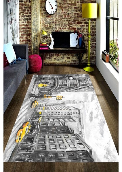 Kaymaz Taban Yıkanabilir Sarı Detaylı Eskitme Tablo Desenli Halı
