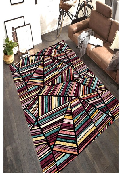 Kaymaz Taban Yıkanabilir Retro Renkli Geometrik Çizgili Desenli Halı