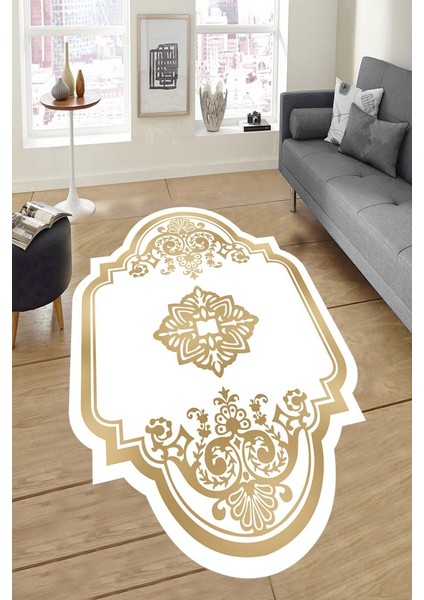 Kaymaz Taban Yıkanabilir Gold Beyaz Dekoratif Motifli Halı