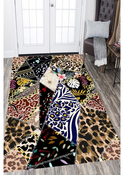 Kaymaz Taban Yıkanabilir Dikili Leopar Parçaları Desenli Halı