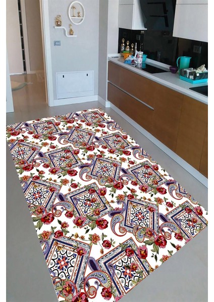 Kaymaz Taban Yıkanabilir Geometrik Çiçek Desenli Mutfak Halısı
